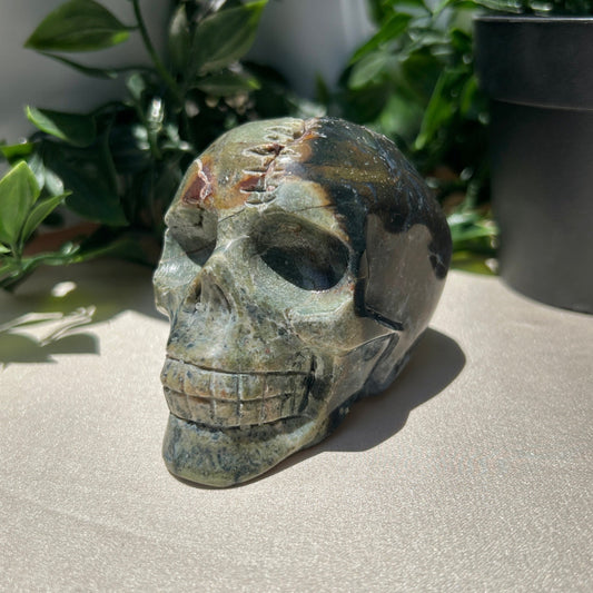 Agate, Moss Skull with Suture 3.5" Carving