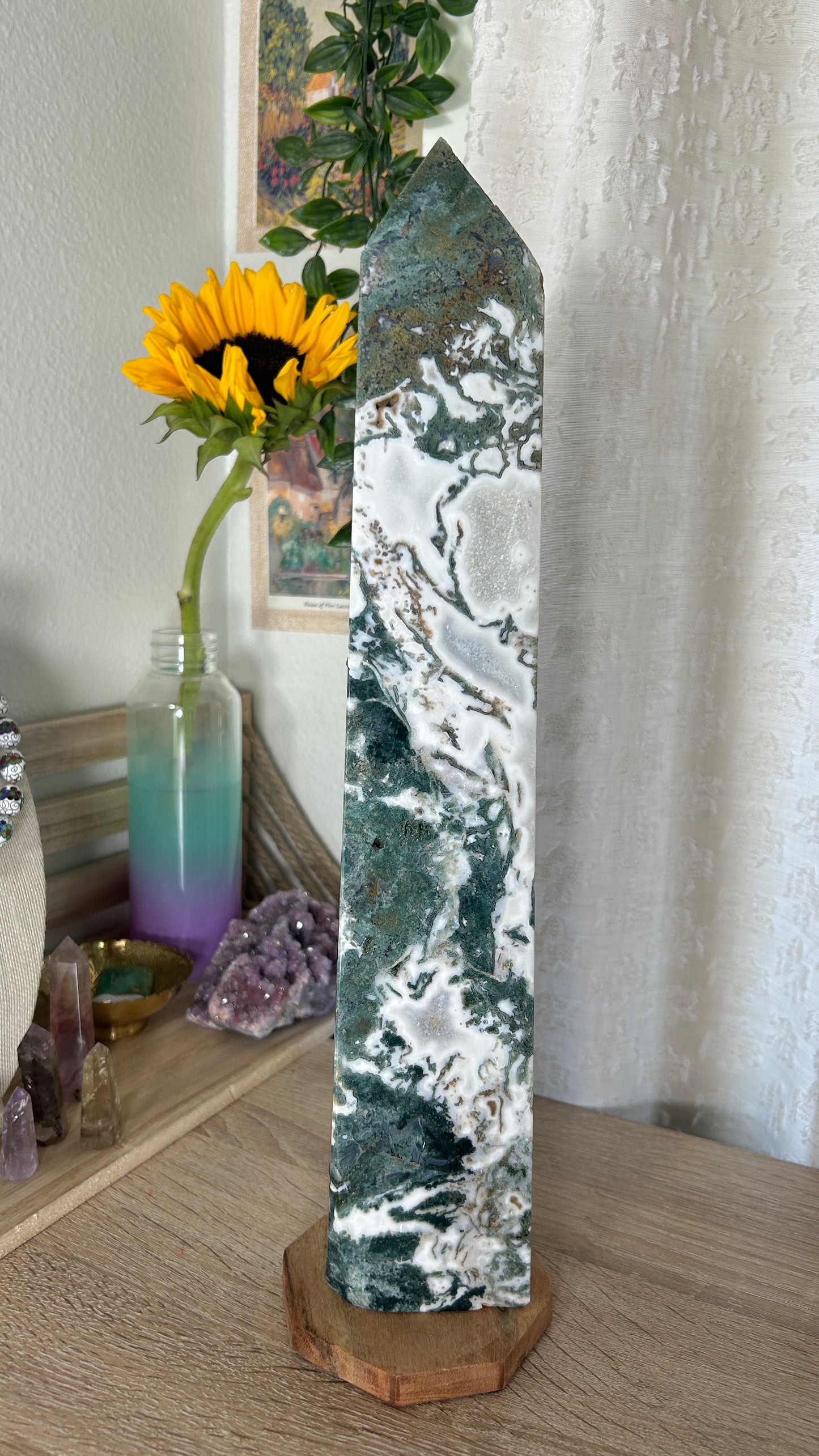 Large Moss Agate w/ Druzy 15.8" Tower!