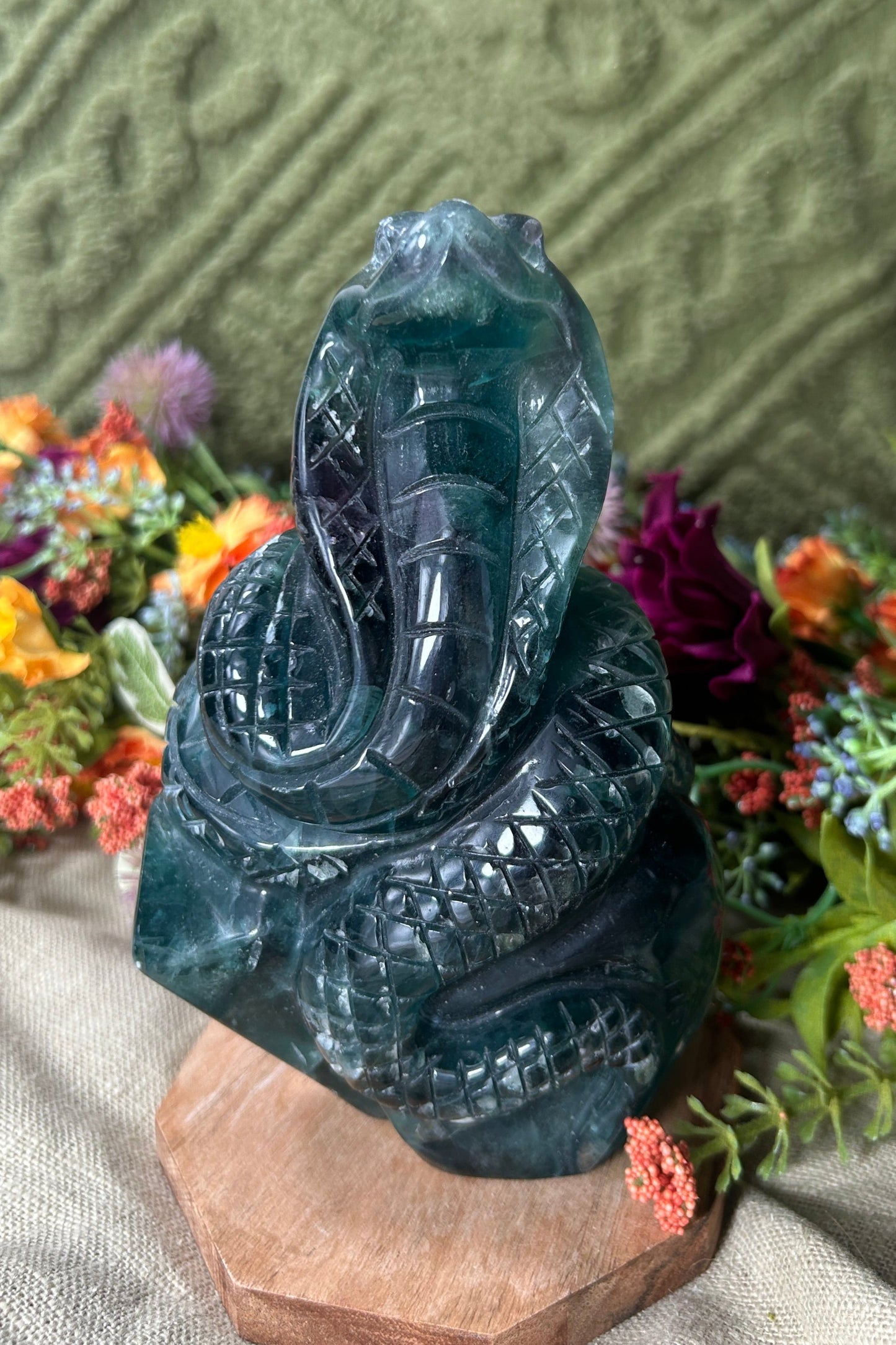 Blue Fluorite 'Cobra on Crystal Throne' Carving