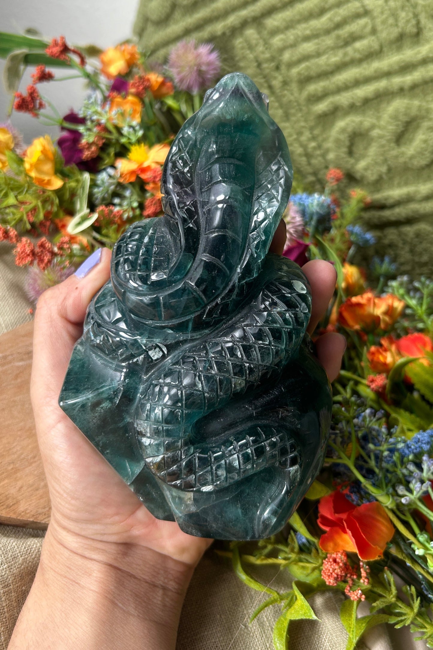 Blue Fluorite 'Cobra on Crystal Throne' Carving