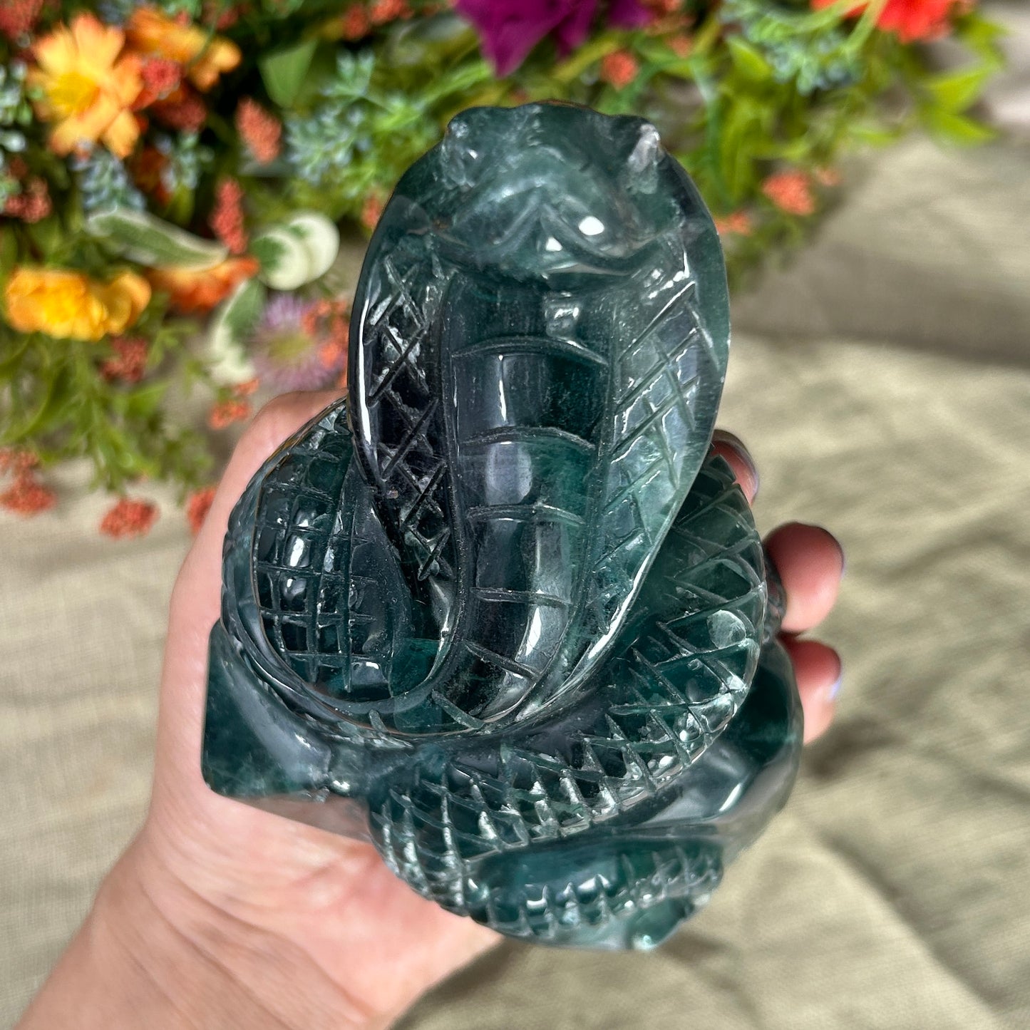 Blue Fluorite 'Cobra on Crystal Throne' Carving