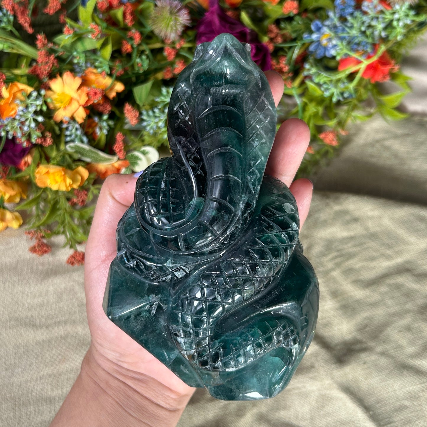 Blue Fluorite 'Cobra on Crystal Throne' Carving