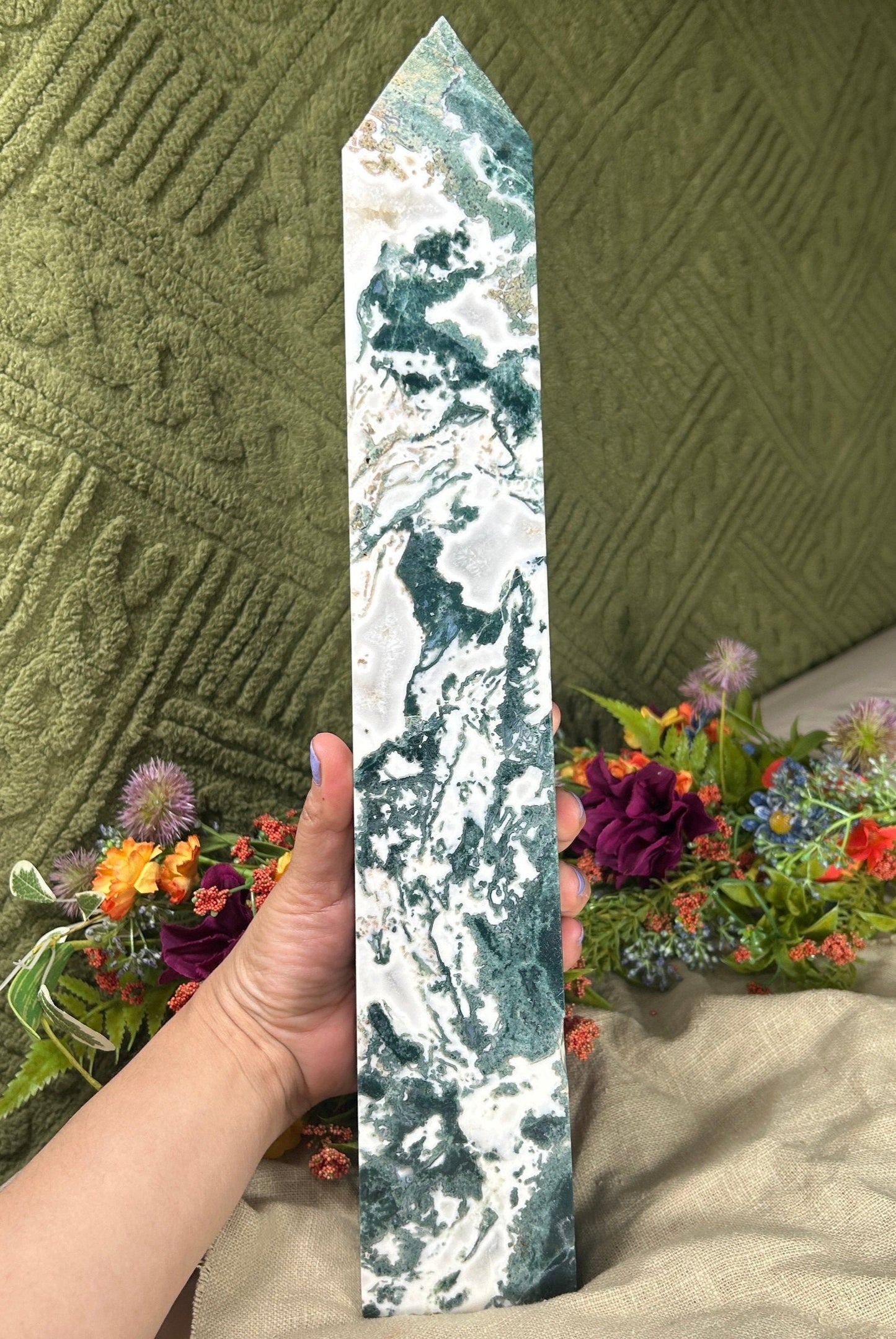 Large Moss Agate w/ Druzy 15.8" Tower!