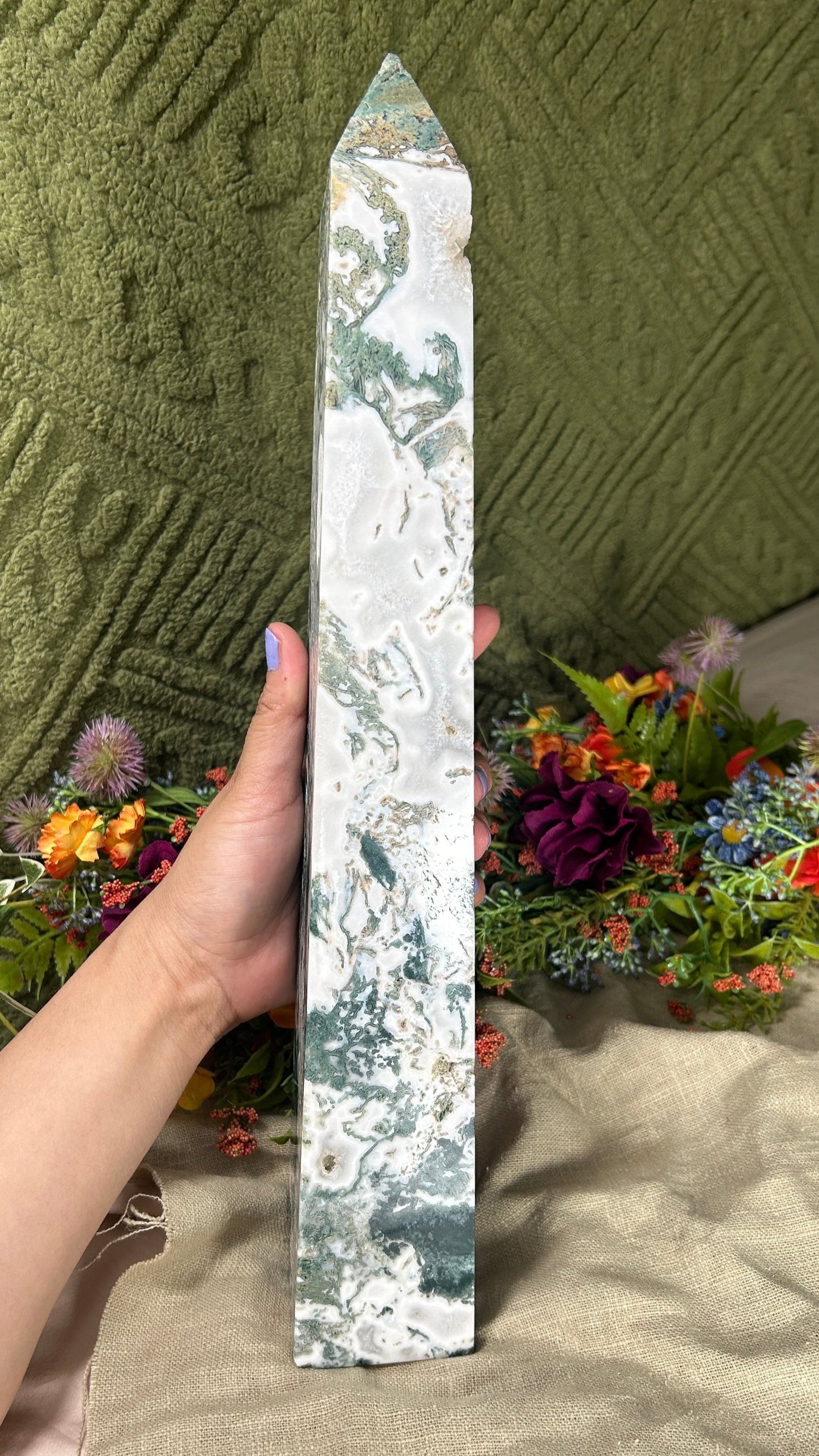 Large Moss Agate w/ Druzy 15.8" Tower!