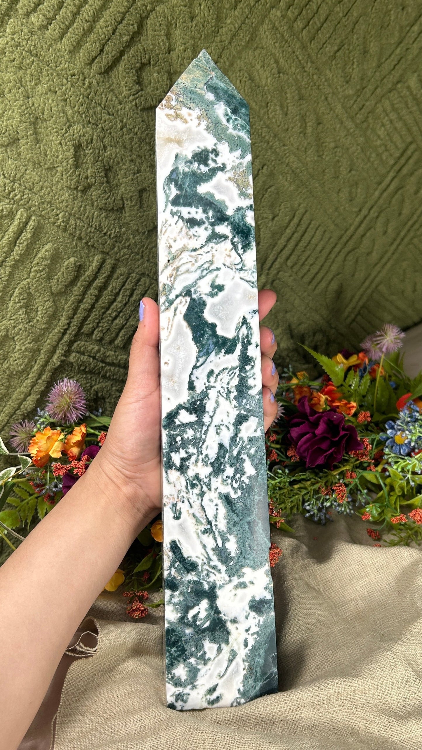 Large Moss Agate w/ Druzy 15.8" Tower!