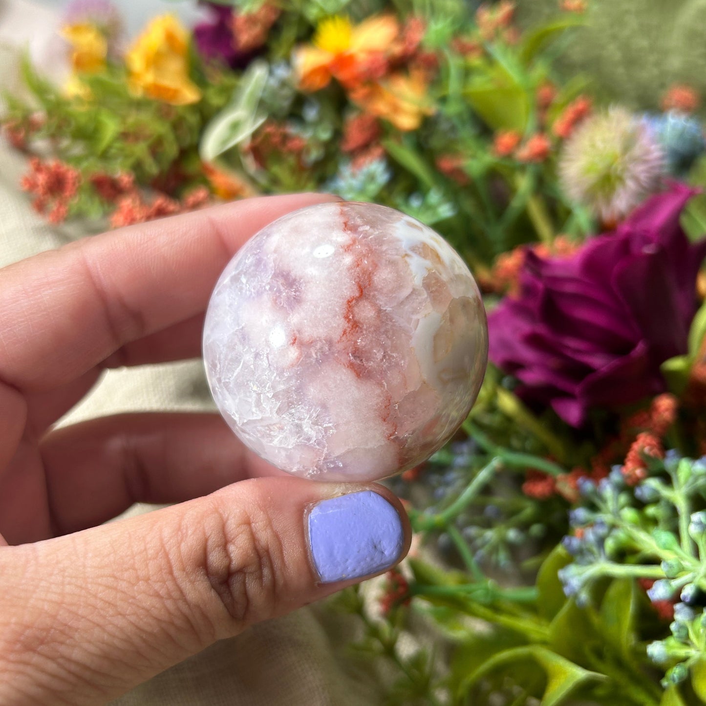 Flower Agate w/ Pink Amethyst Crystal Sphere