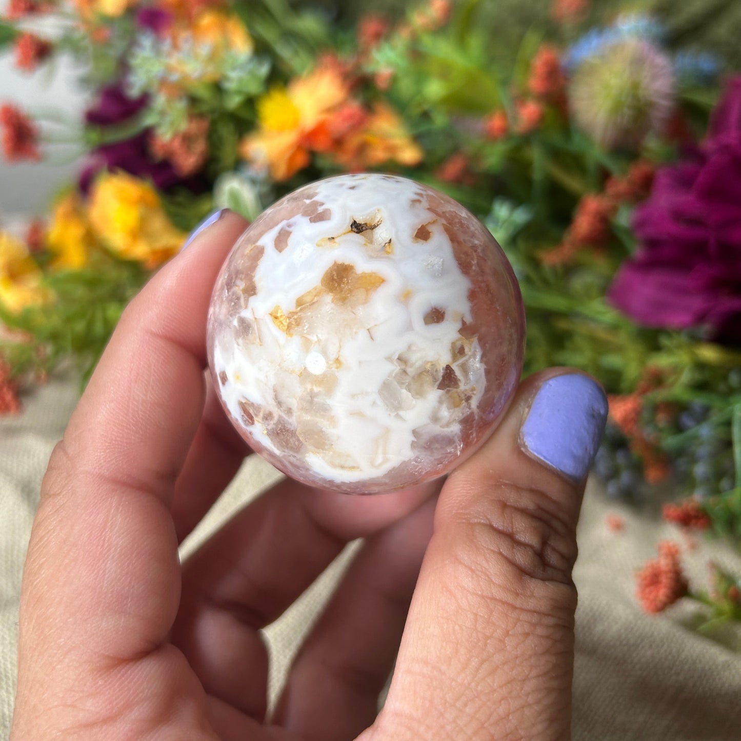 Flower Agate w/ Pink Amethyst Crystal Sphere