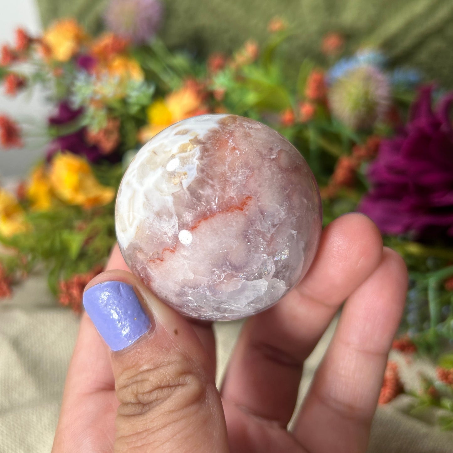 Flower Agate w/ Pink Amethyst Crystal Sphere