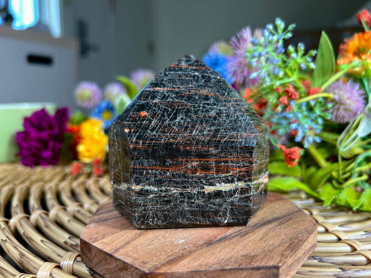 Black Tourmaline w/ Red Hematite Hand-carved Tower