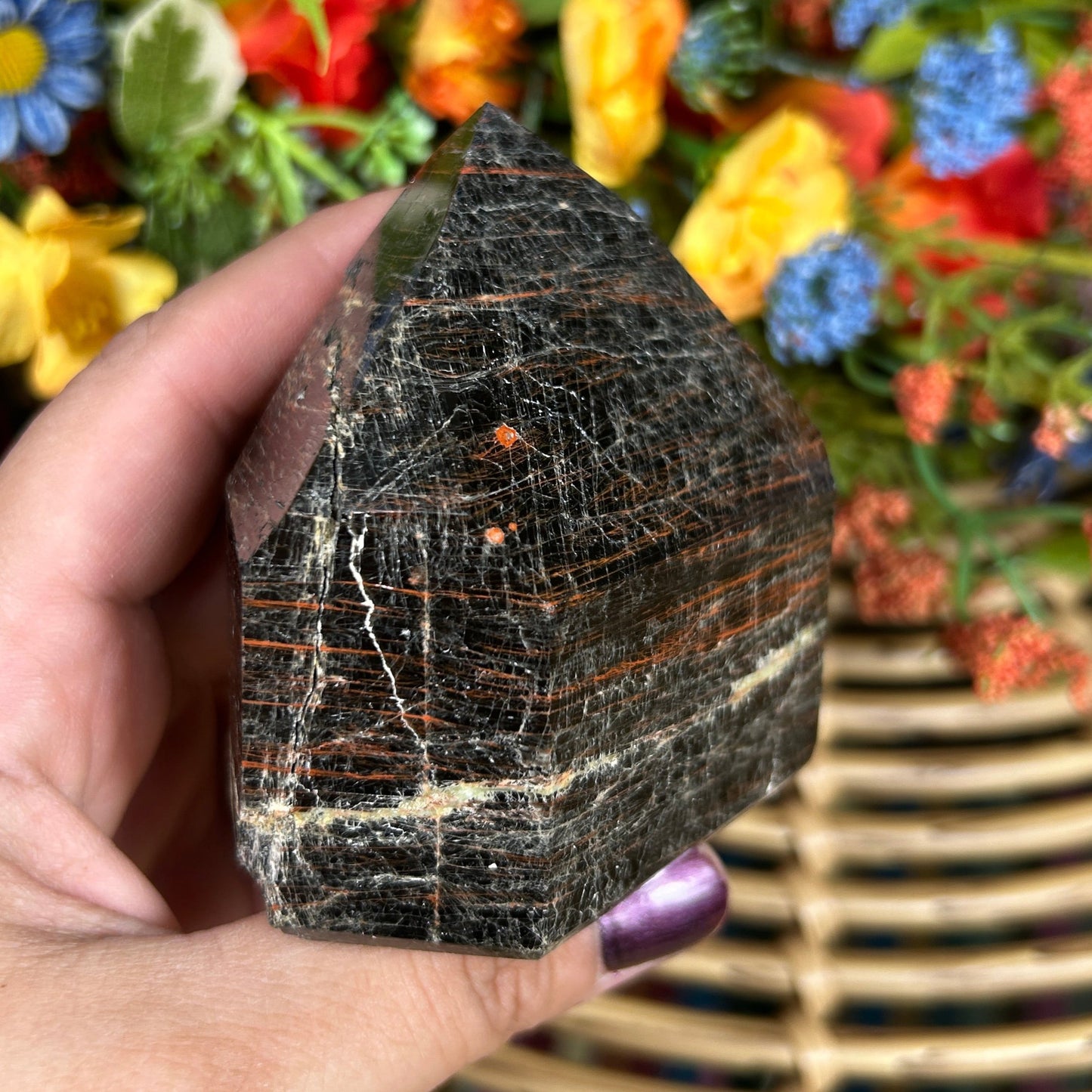 Black Tourmaline w/ Red Hematite Hand-carved Tower