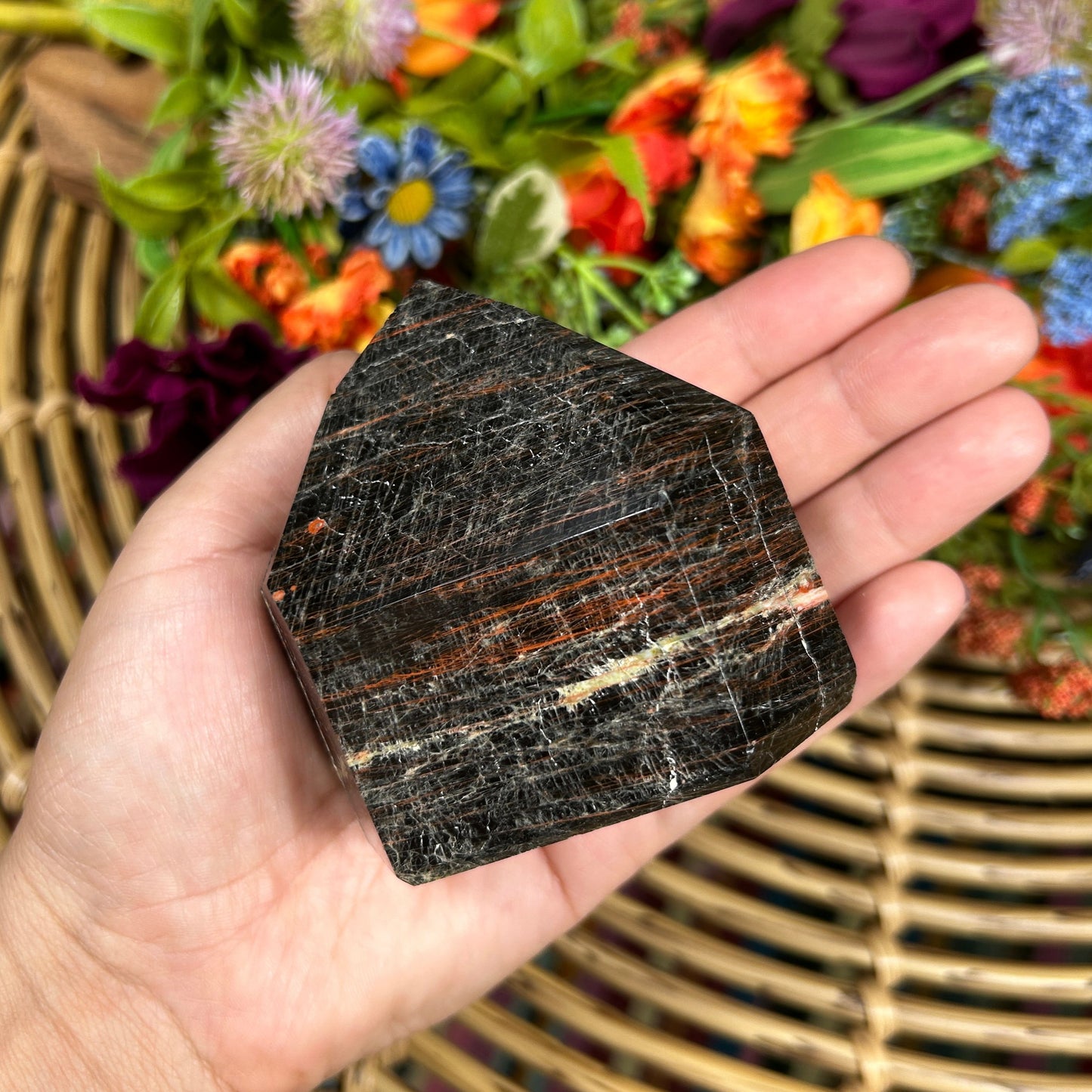 Black Tourmaline w/ Red Hematite Hand-carved Tower