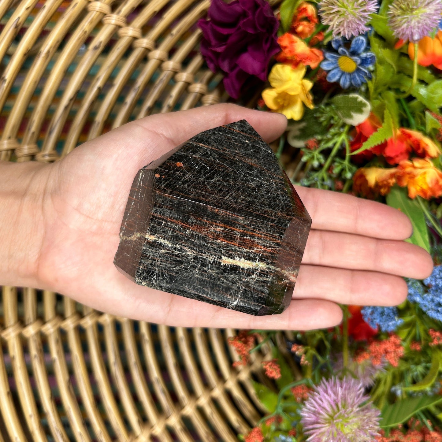 Black Tourmaline w/ Red Hematite Hand-carved Tower